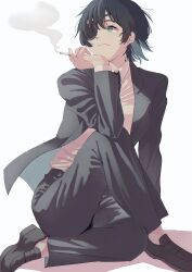 Rule 34 | 1girl, absurdres, chainsaw man, cigarette, eyepatch, formal, highres, himeno (chainsaw man), ice morinaka, short hair, sitting, solo, suit