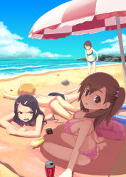 Rule 34 | 29 (artist), 4girls, absurdres, age difference, angry, ass, bad id, bad pixiv id, bag, ball, barefoot, beach, beachball, bikini, blush, breast press, breasts, brown eyes, brown hair, child, coca-cola, day, drink, hair bobbles, hair ornament, hairclip, highres, kneeling, large breasts, long hair, lying, multiple girls, open mouth, outdoors, parasol, ponytail, product placement, short hair, side ponytail, sky, smile, sunbathing, swimsuit, umbrella