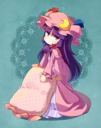 Rule 34 | 1girl, :&lt;, aqua background, blueberry (5959), bow, crescent, doily, eyebrows, female focus, hair bow, hat, highres, jitome, long hair, looking at viewer, patchouli knowledge, pillow, purple eyes, purple hair, solo, touhou
