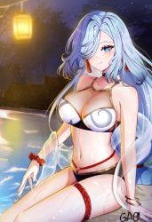 Rule 34 | 1girl, alternate costume, bangle, bare arms, bare shoulders, bikini, black bikini, blue nails, bracelet, breasts, cleavage, commentary request, earrings, gao kawa, genshin impact, hair over one eye, highres, jewelry, lamp, large breasts, long hair, looking at viewer, low ponytail, multicolored bikini, multicolored clothes, nail polish, navel, o-ring, one eye covered, ponytail, scrunchie, see-through, shenhe (genshin impact), signature, sitting, solo, stomach, swimsuit, tassel, tassel earrings, thigh strap, thighs, very long hair, water, wet, white hair, wrist scrunchie
