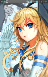 Rule 34 | 10s, 1girl, against glass, anchor, android (os), bad id, bad pixiv id, blonde hair, blue eyes, cheek squash, cherrylich, daeho cha, elbow gloves, gloves, hair ornament, hairband, highres, kantai collection, korean text, long hair, looking at viewer, personification, pout, rensouhou-chan, shimakaze (kancolle), thighhighs, white gloves