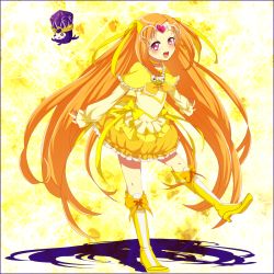 Rule 34 | 10s, 1girl, :d, akasata, bad id, bad pixiv id, boots, bow, brooch, bubble skirt, choker, circlet, cure muse, cure muse (yellow), dodory, dress, frills, full body, hair ribbon, happy, heart, jewelry, knee boots, long hair, magical girl, open mouth, orange hair, pink eyes, precure, ribbon, shadow, shirabe ako, skirt, smile, suite precure, yellow background, yellow bow, yellow skirt, yellow theme