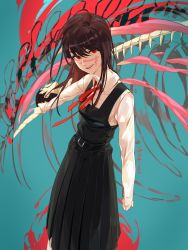 Rule 34 | 1girl, belt, black dress, black hair, blue background, chainsaw man, commentary, cowboy shot, cross scar, dress, facial scar, highres, holding, holding sword, holding weapon, kyeongsu lee, long hair, long skirt, long sleeves, looking at viewer, neckerchief, pinafore dress, pleated skirt, red eyes, red neckerchief, ribbon, scar, scar on cheek, scar on face, school uniform, shirt, signature, skirt, sleeveless dress, smile, solo, sword, teeth, upper teeth only, weapon, white shirt, wing collar, yoru (chainsaw man)