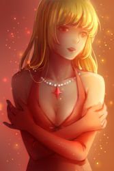 Rule 34 | 1girl, blonde hair, breasts, character request, cleavage, dress, elbow gloves, emalfire, evening gown, gloves, highres, jewelry, long hair, necklace, parted lips, pearl necklace, self hug, sketch, solo, sound horizon