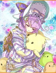 Rule 34 | 1girl, blue hair, bonnet, braid, copyright name, crescent, crescent hair ornament, gradient hair, hair ornament, hatsuyume (otogi:spirit agents), long sleeves, miyoshino, multicolored hair, official art, open mouth, otogi:spirit agents, pajamas, purple hair, second-party source, solo, stuffed animal, stuffed toy