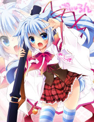 Rule 34 | 1girl, animal ears, blue eyes, blue hair, carrying, character request, dog ears, dog tail, fang, leaning forward, long hair, looking at viewer, matching hair/eyes, momoiro taisen pairon, natsuki yuu (amemizu), natsukiyuu, nontraditional miko, ofuda, plaid, plaid skirt, pleated skirt, ponytail, ribbon-trimmed sleeves, ribbon trim, skirt, solo, striped clothes, striped thighhighs, tail, thighhighs, translation request, v, wide sleeves, zettai ryouiki, zoom layer