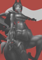 Rule 34 | 1girl, adunba rell, animal ears, armor, cape, centaur, female focus, gun, highres, looking at viewer, looking down, monochrome, monster girl, original, red background, short hair, simple background, skello, solo, tagme, taur, weapon