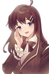 Rule 34 | 1girl, ahoge, as-zero, blue eyes, bow, bowtie, brown bow, brown bowtie, brown coat, brown hair, coat, commentary, english commentary, frilled sleeves, frills, hair ornament, hairclip, hand up, hod (project moon), library of ruina, long hair, long sleeves, open mouth, project moon, sailor collar, shirt, smile, solo, upper body, white shirt