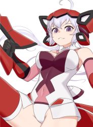 Rule 34 | 1girl, ahoge, armpits, bare shoulders, bodysuit, breasts, cleavage, cleavage cutout, clothing cutout, cowboy shot, from below, gloves, halterneck, highres, leotard, light purple hair, long hair, looking at viewer, low twintails, purple eyes, red thighhighs, senki zesshou symphogear, skin tight, sleeveless, smile, solo, squid neetommy, thighhighs, thighs, twintails, weapon, white background, white hair, yukine chris