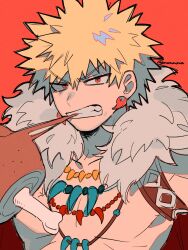 Rule 34 | 1boy, bakugou katsuki, biting, blonde hair, boku no hero academia, cape, earrings, eating, food, fur-trimmed cape, fur trim, highres, holding, holding food, jewelry, male focus, meat, mommorua, muscular, muscular male, official alternate costume, red eyes, short hair, solo, spiked hair, upper body