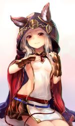 Rule 34 | 10s, 1girl, absurdres, animal ears, backless outfit, blush, breasts, brown skirt, cape, cat ears, cloak, ears through headwear, erune, granblue fantasy, highres, hood, hooded cloak, long hair, looking at viewer, miniskirt, red eyes, scathacha (granblue fantasy), silver hair, simple background, sitting, skirt, small breasts, solo, sukemyon, thighs, white background