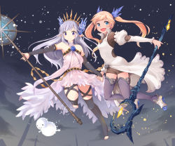Rule 34 | 10s, 2girls, :d, arm warmers, bare shoulders, black legwear, blonde hair, blue eyes, crown, dress, granblue fantasy, hair ornament, holding hands, highres, holding staff, io (granblue fantasy), lily (granblue fantasy), looking at viewer, multiple girls, open mouth, outdoors, pointy ears, purple eyes, sayuco, silver hair, smile, spire, staff, thighhighs, toes, twintails