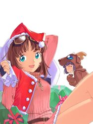 Rule 34 | 1boy, 1girl, belt, blue eyes, breasts, brown hair, character request, christmas, dress, fingerless gloves, gift, gloves, goggles, goggles on head, hat, highres, long hair, looking at viewer, ogata kouji, open mouth, purple hair, santa hat, simple background, small breasts, smile, white background