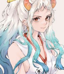 Rule 34 | 1girl, aqua hair, breasts, closed mouth, commentary, earrings, eyelashes, gradient hair, grey background, hair ornament, hair stick, highres, hoop earrings, horns, japanese clothes, jewelry, kimono, light smile, lips, long hair, looking at viewer, medium breasts, mt10cat, multicolored hair, one piece, parted bangs, ponytail, red eyes, sidelocks, simple background, sleeveless, sleeveless kimono, solo, two-tone hair, upper body, wavy hair, white hair, white kimono, yamato (one piece)