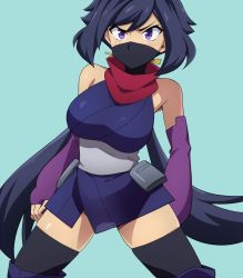Rule 34 | 10s, 1girl, ayame (gundam build divers), bare shoulders, black hair, black thighhighs, blue background, blush, boots, breasts, cowboy shot, elbow gloves, fingerless gloves, gloves, gundam, gundam build divers, hairu, highres, japanese clothes, large breasts, long hair, looking at viewer, low ponytail, mask, mouth mask, ninja, ninja mask, ponytail, pouch, purple eyes, purple gloves, red scarf, sash, scarf, solo, spread legs, swept bangs, thigh boots, thighhighs, thighhighs under boots, very long hair