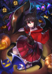 Rule 34 | 1girl, absurdres, alternate costume, asymmetrical legwear, bat (animal), bat wings, black choker, black gloves, black hair, black thighhighs, black wings, boots, breasts, capelet, checkered clothes, checkered legwear, choker, collarbone, fang, fang out, fate/grand order, fate (series), feathered wings, frilled skirt, frills, gloves, hair between eyes, halloween, halloween costume, hat, head wings, highres, jack-o&#039;-lantern, mismatched legwear, ortlinde (fate), partially fingerless gloves, pleated skirt, pumpkin, re (re 09), red capelet, red eyes, red skirt, short hair, sitting, skirt, sleeveless, small breasts, solo, thighhighs, valkyrie (fate), wariza, wings, witch hat