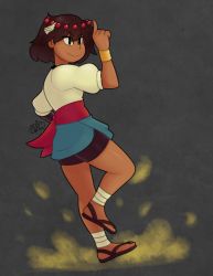 Rule 34 | 1girl, ajna (indivisible), ankle wrap, bandages, beads, bike shorts, black eyes, black hair, commentary, dark-skinned female, dark skin, fighting stance, from side, full body, hair ornament, hand up, index finger raised, indivisible, light smile, looking to the side, melonconcarne, puffy sleeves, sandals, sash, short hair, short sleeves, signature, smile, solo, tassel, wristband