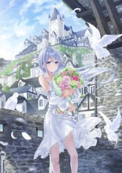 Rule 34 | 1girl, absurdres, bird, blue hair, blue sky, blush, bouquet, building, castle, cloud, collarbone, dress, feathers, flower, hair between eyes, highres, light blue hair, long hair, looking at viewer, meen (ouaughikepdvrsf), original, outdoors, pigeon, sky, smile, solo, standing, wall, white bird, white dress
