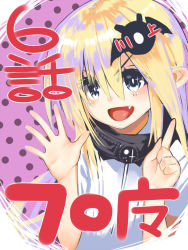 Rule 34 | 1girl, :d, amon patricia, bat hair ornament, blonde hair, collar, commentary request, fang, floor ni maou ga imasu, hair between eyes, hair ornament, index finger raised, kawakami masaki, looking at viewer, open mouth, purple eyes, simple background, smile, solo