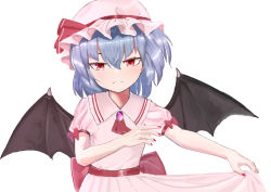 Rule 34 | &gt;:(, 1girl, arm ribbon, ascot, bat wings, black wings, blue hair, brooch, clothes lift, collared shirt, dress, frilled hat, frills, gennkimaru11, hair between eyes, hat, hat ribbon, jewelry, looking at viewer, nail polish, pink brooch, pink dress, pink hat, red eyes, red nails, red ribbon, remilia scarlet, ribbon, sash, shirt, simple background, skirt, skirt lift, solo, touhou, white background, wings