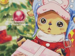 1boy anarchyintheek blue_nose blush box character_name christmas_ornaments christmas_tree commentary_request cross dated gift gift_box happy_birthday hat highres hood male_focus one_piece open_mouth pink_hat red_shirt shirt solo sparkle tony_tony_chopper