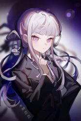 Rule 34 | 1girl, black jacket, blue background, blunt bangs, braid, closed mouth, collared shirt, danganronpa, danganronpa (series), danganronpa kirigiri, grey background, hand up, highres, huang du du, jacket, kirigiri kyoko, long hair, long sleeves, looking at viewer, neck ribbon, official alternate costume, pink eyes, pink hair, pink ribbon, ribbon, shirt, side braid, solo, twintails, upper body