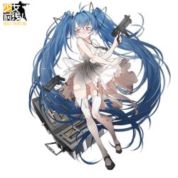 Rule 34 | 1girl, 3:, black footwear, blush, closed mouth, dress, finger on trigger, floating hair, full body, garter straps, girls&#039; frontline, gluteal fold, grey dress, gun, hair between eyes, holding, holding gun, holding weapon, long hair, mary janes, nine (liuyuhao1992), panties, see-through, shell casing, shipka (girls&#039; frontline), shoes, solo, thighs, torn clothes, torn dress, transparent background, twintails, underwear, very long hair, weapon, weapon case, white legwear, white panties