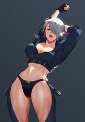 Rule 34 | 1girl, angel (kof), artist request, black jacket, black panties, blue eyes, breasts, chaps, cleavage, cropped jacket, hair over one eye, highres, jacket, large breasts, lips, looking at viewer, midriff, navel, panties, revealing clothes, shiny skin, short hair, simple background, smile, solo, stretching, the king of fighters, thong, underwear, white hair, wide hips