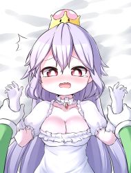 Rule 34 | 1boy, 1girl, ^^^, arm grab, bed, blush, breasts, brooch, cleavage, colored skin, crossed bangs, crown, crying, crying with eyes open, dakimakura (medium), dress, embarrassed, gloves, grabbing, green shirt, hair between eyes, highres, holding another&#039;s wrist, jewelry, large breasts, long hair, luigi, luigi&#039;s mansion, lying, mario (series), mini crown, nintendo, no nose, on back, open mouth, piki (itpiki), pov, princess king boo, shirt, solo focus, super crown, tearing up, tears, wavy mouth, white dress, white gloves, white hair, white skin