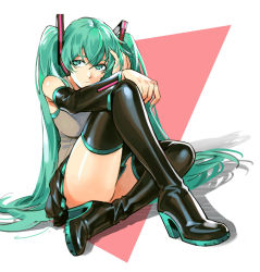 Rule 34 | 1girl, arm up, boots, closed mouth, crossed legs, detached sleeves, dutch angle, expressionless, fingering, foreshortening, full body, green eyes, green hair, green nails, grey shirt, hand on own face, hand up, hatsune miku, high heel boots, high heels, highres, knee up, long hair, looking at viewer, microskirt, nail polish, ruukii drift, shirt, sitting, skirt, solo, thigh boots, thighhighs, thighs, twintails, very long hair, vocaloid, zettai ryouiki