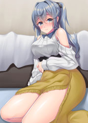 Rule 34 | 1girl, absurdres, bare shoulders, blue eyes, blue hair, blush, breasts, closed mouth, detached sleeves, gotland (kancolle), hair between eyes, highres, kantai collection, large breasts, long hair, long skirt, looking at viewer, mole, mole under eye, official alternate costume, ruin re birth, shirt, skirt, smile, solo, white shirt, yellow skirt