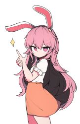 Rule 34 | 1girl, animal ears, bright pupils, closed mouth, finger gun, from side, hh, highres, index finger raised, long hair, looking at viewer, orange skirt, pink eyes, pink hair, rabbit ears, reisen udongein inaba, shirt, short hair, simple background, skirt, solo, standing, star (symbol), touhou, v-shaped eyebrows, white background, white pupils, white shirt