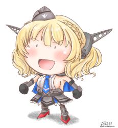 Rule 34 | 1girl, bad id, bad nicoseiga id, black gloves, blonde hair, blue capelet, blue necktie, braid, breasts, capelet, chibi, colorado (kancolle), commentary request, dated, dot eyes, dress, elbow gloves, garrison cap, gloves, grey dress, grey gloves, grey hat, hat, headgear, highres, kantai collection, medium breasts, necktie, open mouth, pantyhose, pleated dress, shadow, shirt, short hair, side braids, sideboob, sleeveless, solo, twitter username, ura tomomi, white background, white shirt