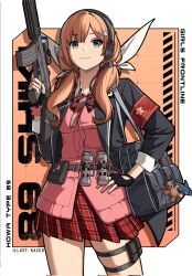 Rule 34 | 1girl, :3, armband, assault rifle, bag, bag charm, black gloves, black jacket, bow, bowtie, brown hair, charm (object), cherry blossoms, fingerless gloves, flashbang, girls&#039; frontline, glasses, gloves, green eyes, gun, hair ornament, hand on own hip, highres, howa type 89, howa type 89 (girls&#039; frontline), jacket, kazuodum, looking at viewer, open clothes, open jacket, pink shirt, red-framed eyewear, red armband, red bow, red bowtie, red skirt, rifle, school uniform, shark, shirt, shoulder bag, skirt, smile, solo, stuffed animal, stuffed toy, teddy bear, thighs, twintails, unworn eyewear, weapon