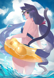 Rule 34 | 1girl, absurdres, animal ears, ass, back, bikini, bikini top only, black hair, blue bikini, blue sky, blush, breasts, cat ears, cat tail, cloud, commentary request, day, eyewear on head, fang, frilled bikini, frilled bikini top, frills, from behind, green eyes, hair ribbon, highres, innertube, karyl (princess connect!), karyl (summer) (princess connect!), long hair, low twintails, medium breasts, open mouth, outdoors, princess connect!, purple ribbon, ribbon, skin fang, sky, solo, standing, sunglasses, swim ring, swimsuit, tail, transparent, twintails, u-st (uweiter), very long hair, wading, water, water drop