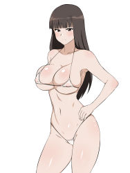 Rule 34 | 10s, 1girl, armpits, bikini, blush, breasts, brown eyes, brown hair, cleavage, covered erect nipples, girls und panzer, groin, hand on own hip, highres, kagemusha, large breasts, long hair, looking at viewer, mature female, micro bikini, navel, nishizumi shiho, see-through, shiny skin, sideboob, solo, standing, sweat, swimsuit, thighs, toned, underboob, white background
