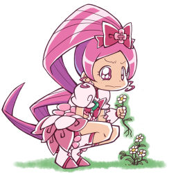 Rule 34 | 10s, 1girl, boots, brooch, cure blossom, flower, hanasaki tsubomi, heart, heart brooch, heartcatch precure!, jewelry, knee boots, long hair, magical girl, pink eyes, pink hair, pink theme, ponytail, precure, rokuman kyuu, solo, squatting, very long hair, wavy mouth