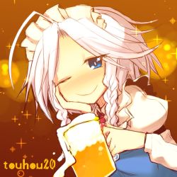 Rule 34 | 1girl, alcohol, anniversary, beer, beer mug, blue dress, blue eyes, blush, braid, cup, dress, english text, foam, hand on own cheek, hand on own face, izayoi sakuya, kuresento, long sleeves, looking at viewer, maid, maid headdress, mug, necktie, one eye closed, puffy long sleeves, puffy sleeves, red necktie, short hair, sketch, smile, solo, sparkle, sparkling eyes, spilling, touhou, twin braids, yellow background