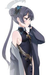 Rule 34 | 1girl, absurdres, black dress, black hair, blue archive, butterfly hair ornament, china dress, chinese clothes, covered navel, dragon print, dress, grey eyes, grey jacket, hair bun, hair ornament, highres, jacket, kisaki (blue archive), long hair, looking away, print dress, shiromoca, simple background, solo, striped clothes, striped jacket, twintails, vertical-striped clothes, vertical-striped jacket, white background