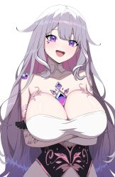 Rule 34 | 1girl, absurdres, alternate breast size, black corset, blush, breasts, collar, collarbone, commentary, corset, crossed arms, daydarion, detached collar, english commentary, fingernails, gradient hair, grey hair, hair flaps, highres, hololive, hololive english, huge breasts, koseki bijou, long hair, multicolored hair, nail polish, pink gemstone, pink nails, purple eyes, simple background, smile, solo, teeth, upper teeth only, virtual youtuber, white background, white collar