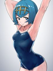 Rule 34 | 1girl, arm behind head, arm up, armpits, blue eyes, blue hair, blue one-piece swimsuit, blush, breasts, cameltoe, closed mouth, collarbone, commentary request, competition school swimsuit, covered navel, creatures (company), from side, game freak, grey background, hairband, highres, lana (pokemon), looking at viewer, makino harumaki, nintendo, one-piece swimsuit, pokemon, pokemon sm, school swimsuit, short hair, simple background, smile, solo, split mouth, swimsuit, wet, yellow hairband