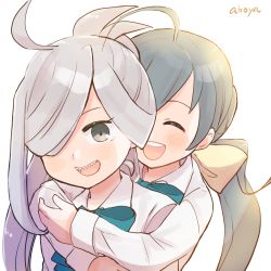 Rule 34 | 2girls, ahoge, akoya (anoko konoko), asashimo (kancolle), blue bow, blue bowtie, bow, bowtie, commentary request, dress shirt, closed eyes, grey eyes, grey hair, hair between eyes, hair over one eye, hug, hug from behind, kantai collection, kiyoshimo (kancolle), low twintails, lowres, multiple girls, ponytail, sharp teeth, shirt, simple background, smile, teeth, twintails, upper body, white background, white shirt