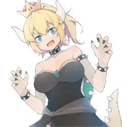 Rule 34 | 1girl, armlet, bare shoulders, black collar, black dress, black nails, blonde hair, blue eyes, blue gemstone, bowsette, bracelet, breasts, brooch, claw pose, cleavage, collar, collarbone, commentary, crown, dress, english commentary, fang, fingernails, gem, hands up, highres, horns, jewelry, large breasts, long hair, mario (series), mzrz, nail polish, new super mario bros. u deluxe, nintendo, ponytail, princess, sidelocks, skindentation, solo, spiked armlet, spiked bracelet, spiked collar, spiked shell, spiked tail, spikes, standing, strapless, super crown, tail