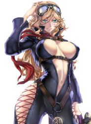 Rule 34 | 1girl, blonde hair, bodysuit, breasts, center opening, clothing cutout, cross-laced clothes, cross-laced cutout, facial mark, female focus, gloves, goggles, goggles on head, green eyes, katana, large breasts, long hair, navel, original, skin tight, solo, star (symbol), star facial mark, sword, unzipped, weapon, zunta