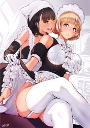 Rule 34 | 2girls, :d, apron, black hair, blush, bob cut, grabbing another&#039;s breast, breasts, choker, clothes lift, crossed legs, detached sleeves, from below, garter straps, gloves, grabbing, grabbing from behind, indoors, large breasts, light brown hair, long hair, maid, maid headdress, multiple girls, nanahime, open mouth, original, parted lips, purple eyes, short hair, sitting, skirt, skirt lift, skirt tug, smile, thighhighs, thighs, waist apron, white gloves, white legwear, yuri