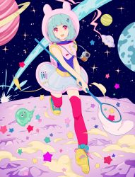Rule 34 | 1girl, :d, animal hood, aqua hair, bad id, bad pixiv id, belt, blob, blunt bangs, bob cut, camera, crater, creature, electric plug, full body, hair ornament, hairclip, hand net, high tops, highres, hood, kise (swimmt), looking at viewer, net, open mouth, original, pink eyes, pink thighhighs, planet, rabbit hood, running, science fiction, see-through, shoes, short hair, sleeveless, smile, sneakers, solo, space, sparkle, standing, star (sky), star (symbol), thighhighs, ufo
