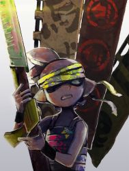Rule 34 | 1boy, armor, bad id, bad tumblr id, banner, breastplate, clenched teeth, gradient background, grey background, headband, highres, inkling, inkling boy, inkling player character, katou (osoraku), looking afar, male focus, nintendo, one eye covered, pointy ears, sashimono, short hair, simple background, solo, splat charger (splatoon), splatoon (series), splatoon 1, splatter, teeth, topknot, upper body, wristband