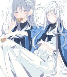 Rule 34 | 1girl, blue archive, blush, closed mouth, crop top, eating, food, grey eyes, grey hair, hair between eyes, hair ornament, halo, haori, highres, holding, holding food, japanese clothes, long hair, long skirt, looking at viewer, multicolored hair, multiple views, nagusa (blue archive), sailor collar, school uniform, serafuku, simple background, skewer, skirt, sotsunaku, sparkle, translation request, very long hair, white background, white hair, white sailor collar, white skirt, wide sleeves