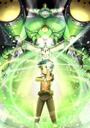 Rule 34 | 1boy, :3, :d, arm up, black pants, black shirt, blue eyes, blue hair, closed mouth, commentary, commentary request, creature, digimon, digimon (creature), digimon tamers, digivice, english commentary, hawe king, highres, holding, horns, li jianliang, looking at viewer, male focus, mecha, mixed-language commentary, on head, open mouth, orange vest, pants, robot, saintgalgomon, shirt, short hair, short sleeves, single horn, smile, standing, terriermon, vest