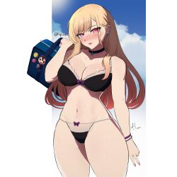 Rule 34 | 1girl, absurdres, armpit crease, artist name, bag, black choker, blonde hair, blue sky, blush, bow, bowtie, bracelet, breasts, choker, cleavage, cloud, ear piercing, earrings, highres, holding, holding bag, hycatoart, jewelry, kitagawa marin, large breasts, lingerie, long hair, looking at viewer, mixed-language commentary, navel, panties, parted bangs, piercing, pink eyes, purple bow, purple bowtie, red lips, signature, sky, smile, solo, sono bisque doll wa koi wo suru, sweat, swimsuit, underwear, white background